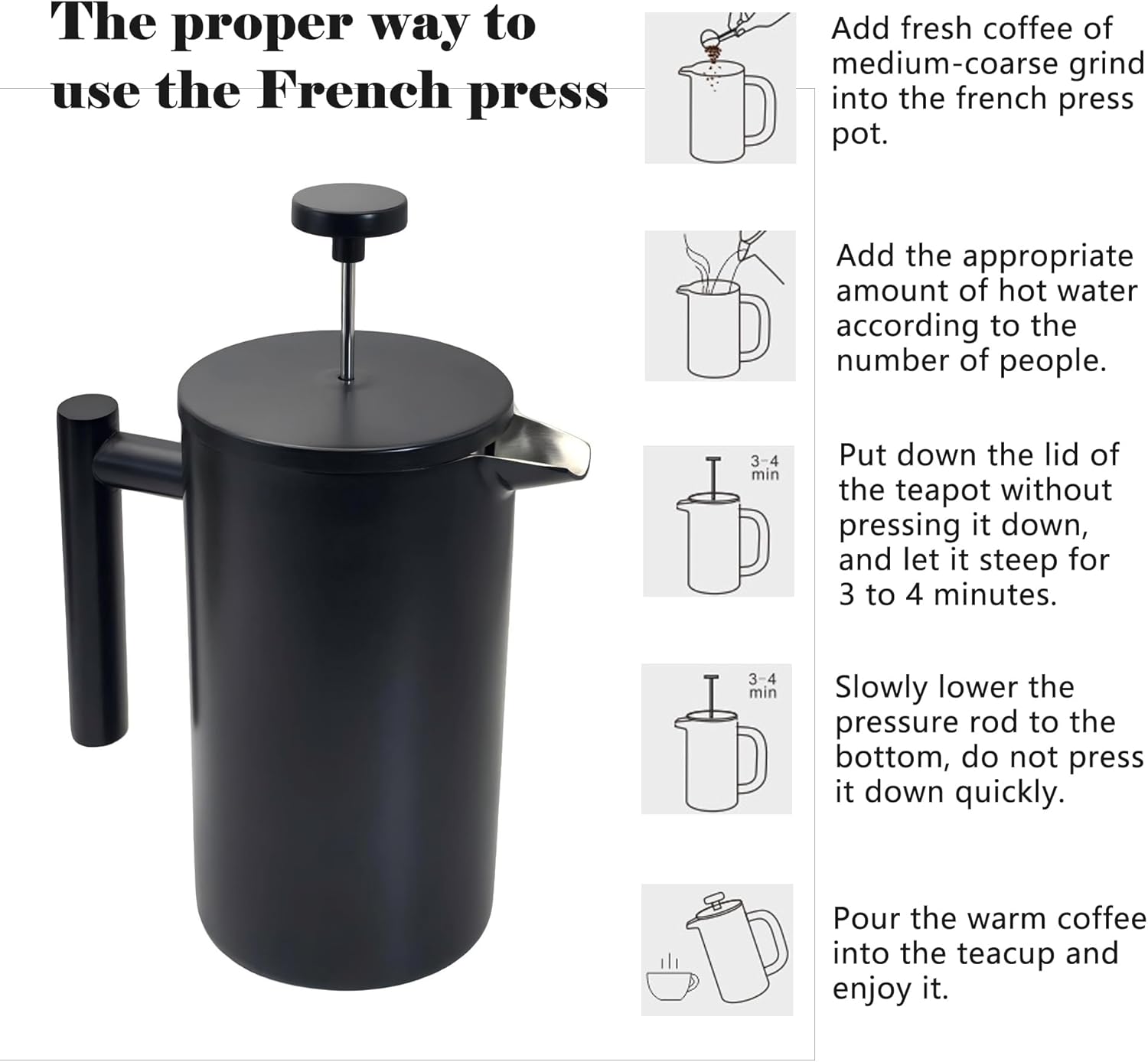 YJX 34oz Coffee Maker, Stainless Steel French Press, 1 Liter Camping Coffee Pot, Tea Maker, 34 Ounce Travel Coffee Presses, Heat Resistant Double Insulated (Black) - Blissbrew