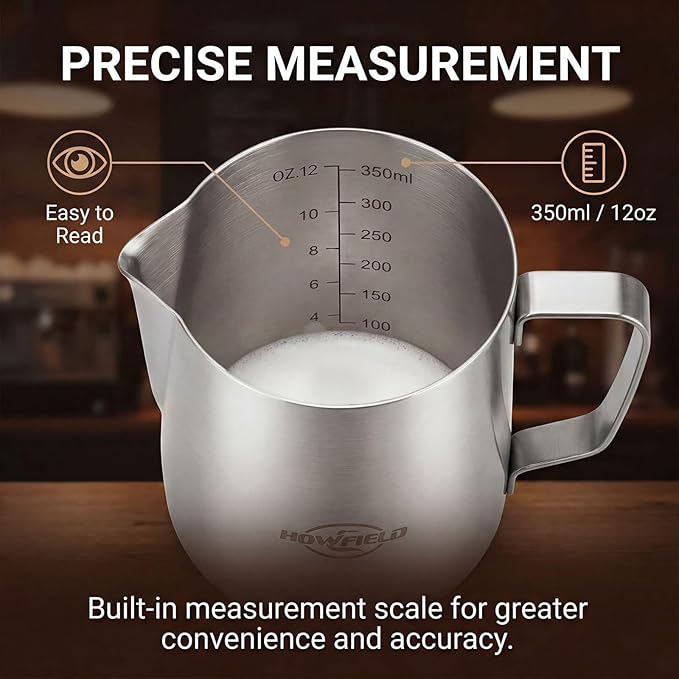 12oz Stainless Steel Milk Frothing Pitcher with Precision Spout and Measurement Markings for Espresso and Cappuccino, Silver