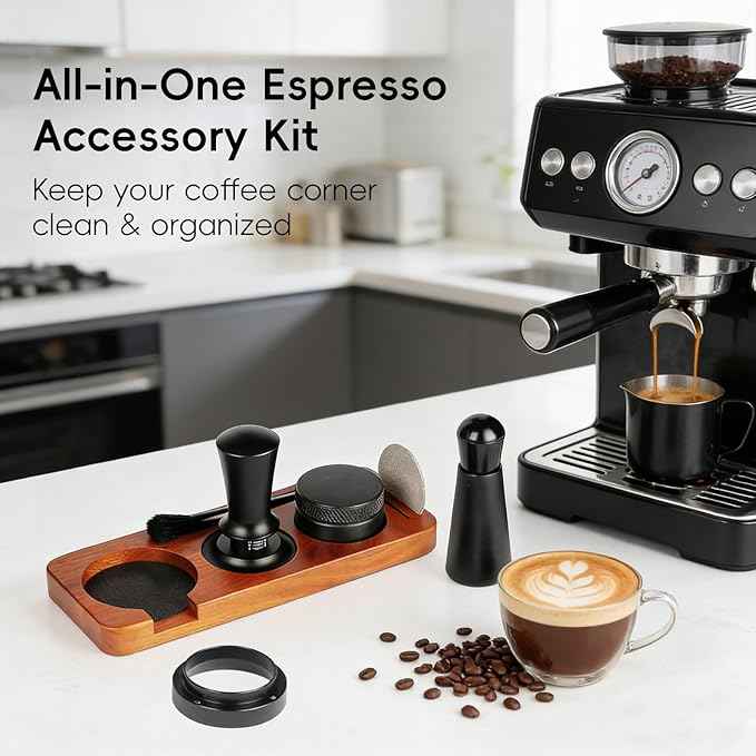 7 Pcs 51mm Espresso Tamper Tools Accessories Kit for Coffee WDT Tool Accessories Set Coffee Tamper Set with Wood Espresso Tamping Station Distributor Dosing Funnel Stirrer Brush Puck Screen -51mm
