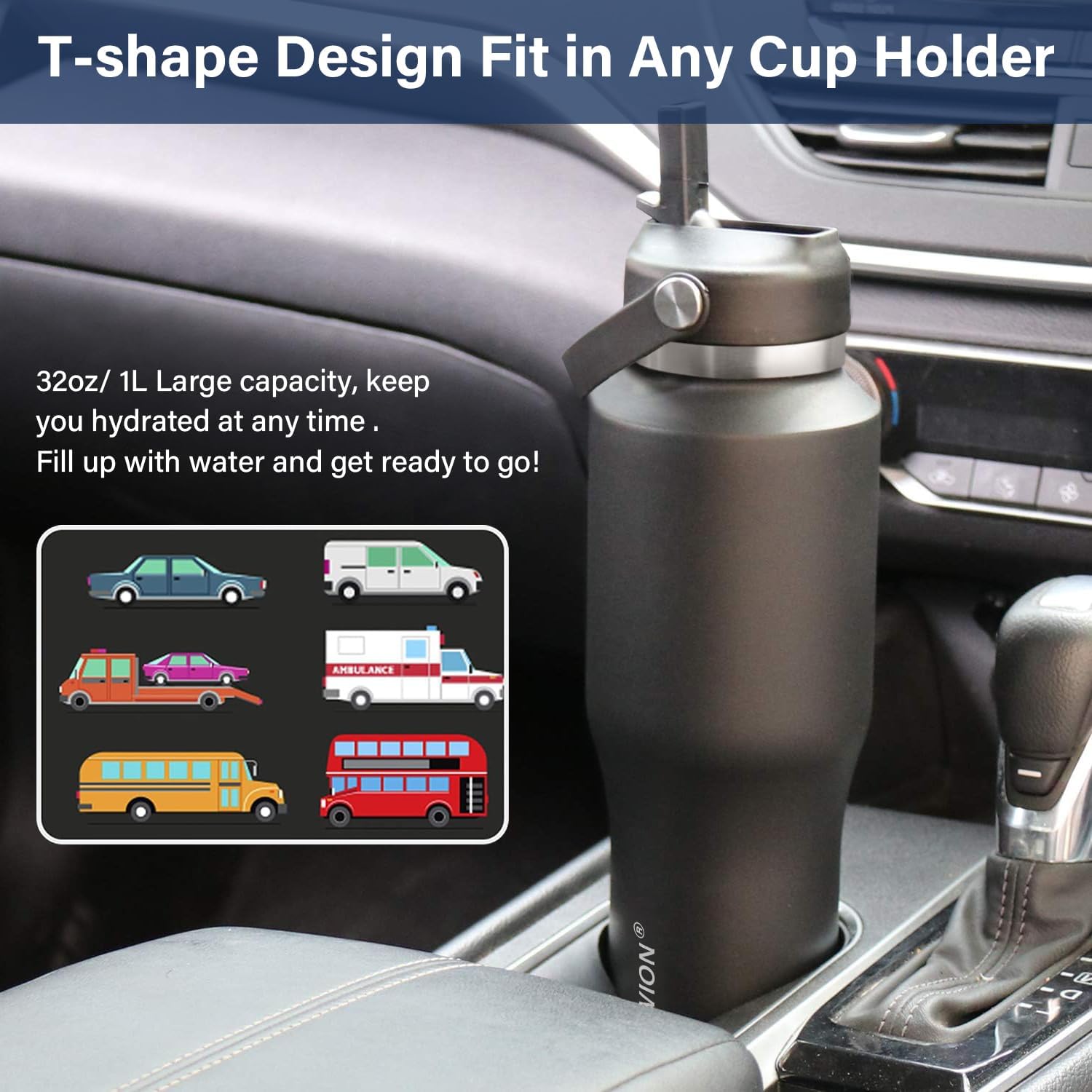 HYDROWION Insulated Water Bottles, Water Bottle fits in Car Cup Holder (Cold 48 hrs, Hot 24 hrs) with Straw Lid, Spout Lid and Flex Cap,T-shpaed Water Bottle Leakproof Travel Thermo Tumbler,Blue&Black