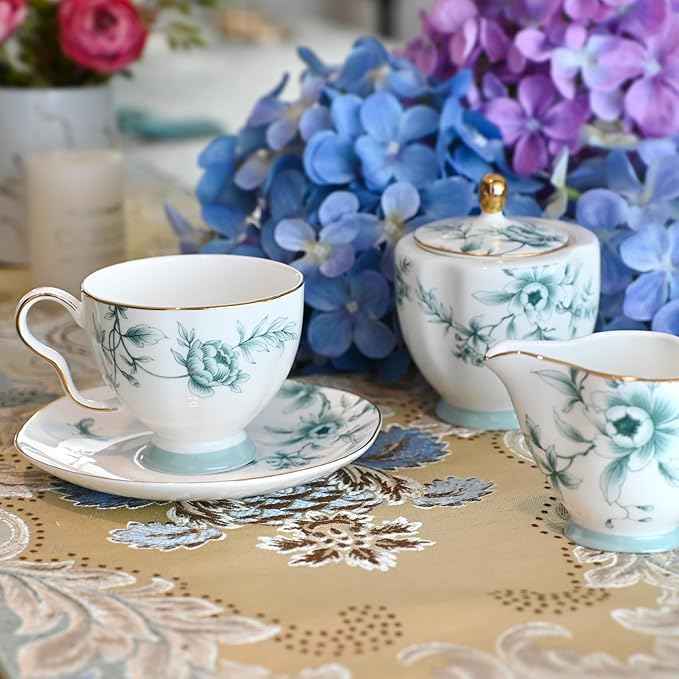 ACMLIFE Bone China Tea Sets for Adults, Blue and White Tea Gift Set, 21 Piece Porcelain, Cup and Saucer Set for 6 Vintage Floral Party for Women or Christmas Gifts Giving (Blue-Leaf-21)