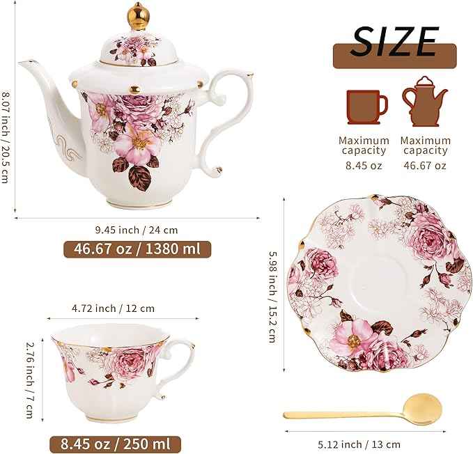 TATSUMI Country Roses Porcelain Tea Set, European Ceramic tea set for adults,Vintage Style, For Women and Tea Parties (Chocolate Red, 13 Pieces Set)