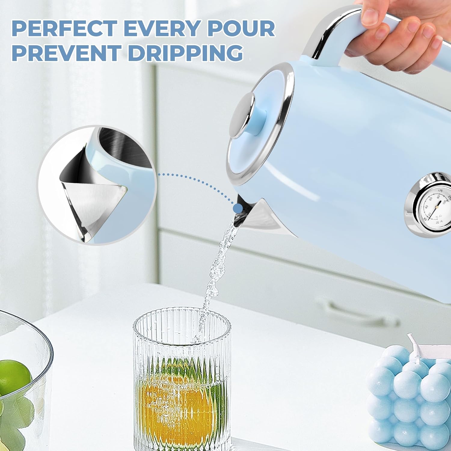 SUSTEAS Electric Kettle - 57oz Hot Tea Kettle Water Boiler with Thermometer, 1500W Fast Heating Stainless Steel Tea Pot, Cordless with LED Indicator, Auto Shut-Off & Boil Dry Protection, Blue