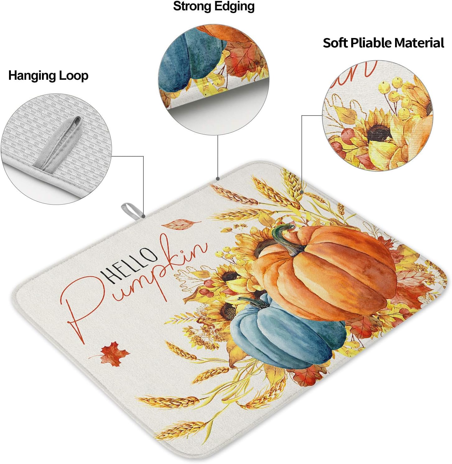 Fall Dish Drying Mat for Kitchen Counter Hello Pumpkin Drying Pad Absorbent Drying Mats for Countertops Sinks Draining Racks Sunflower Ears of Wheat Drainer Holiday Harvest Thanksgiving Decor 18x24