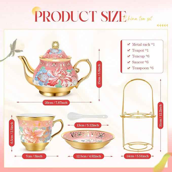 20 Pcs Porcelain Tea Set for Adults with Metal Holder and Spoon European Ceramic Tea Party Set Flower Painting Teapot Cup Saucer for Christmas Women Gifts, Serving 6 People(Fresh)