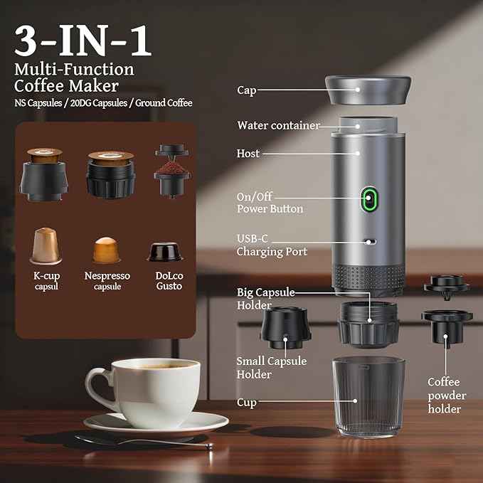 Portable Espresso Machine for Travel, Travel Coffee Maker 20-Bar Extraction, 150 ML，Coffee Maker Self-Heating with USB-C, Compatible with Ground Coffee & NS Capsule for Hiking and Camping (Green)