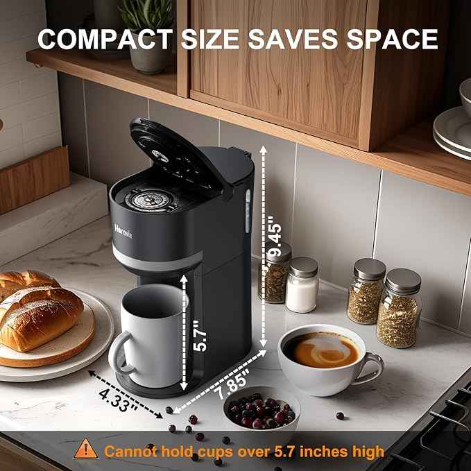Small Single Serve Coffee Maker for K Cup and Ground Coffee, Fast Brew One Cup Coffee Machine with Descaling Reminder and Water Window, 6 to 12 oz. Brew Sizes, Black