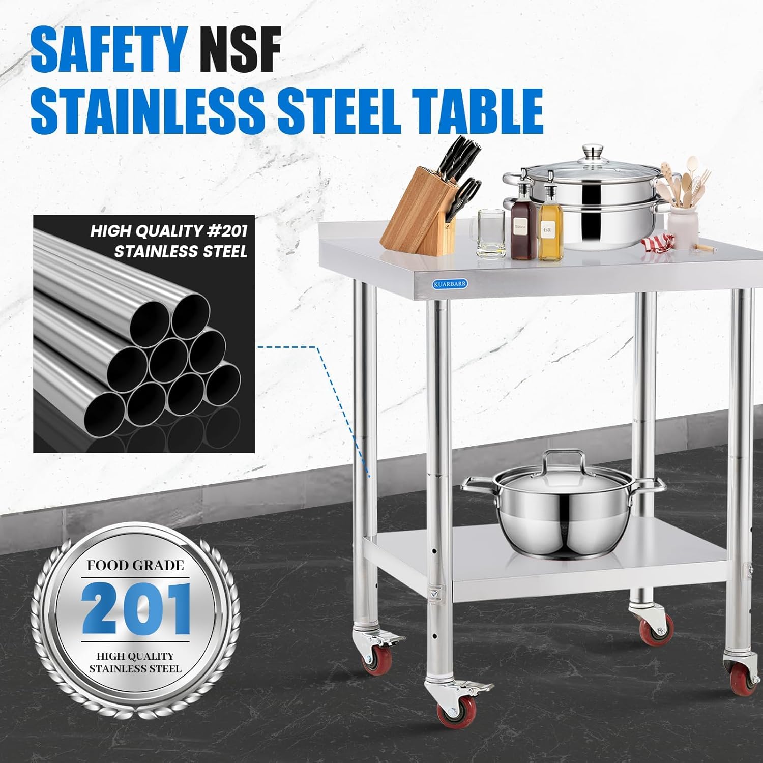 Stainless Steel Table for Prep & Work with 4 Caster Wheels with Backsplash 24 x 30 NSF Metal Commercial Kitchen Adjustable Under Shelf Worktable for Restaurant Home Outdoor