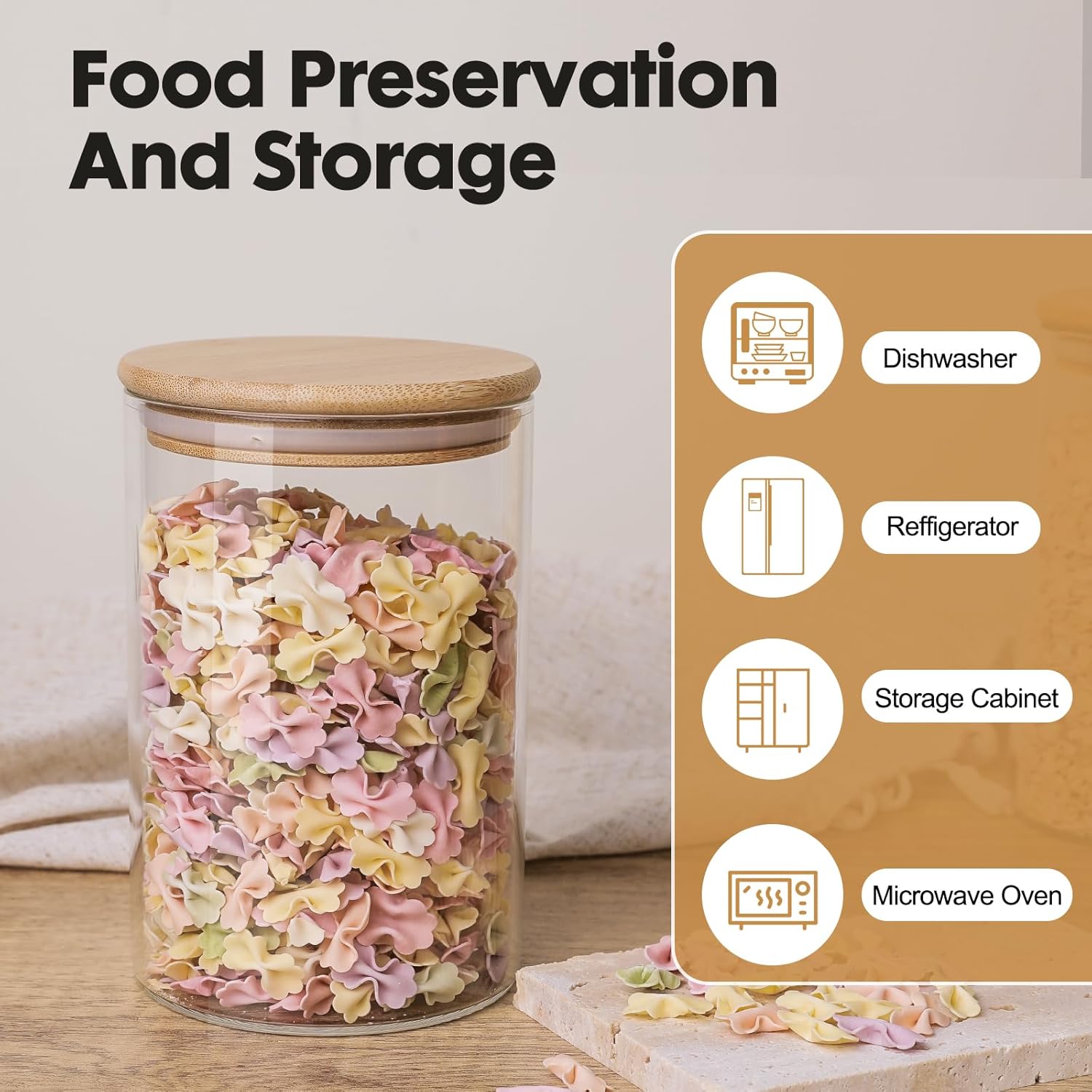 YUNCANG Glass Food Storage Jars 37oz [Set of 6],Clear Glass Food Storage Containers with Airtight Bamboo Lid Stackable Kitchen Canisters for Candy,Cookie,Rice,Sugar,Flour,Pasta