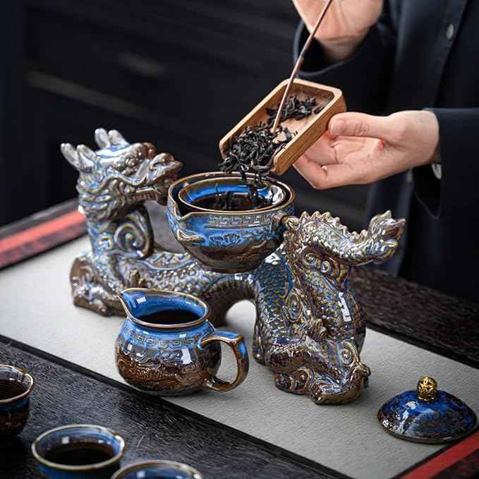Chinese Gongfu Tea Set - Ceramic 360 Rotating teapot with Infuser, 8Cups, Semi Automatic Dragon Design for Loose Leaf Tea (Gift Box Set)