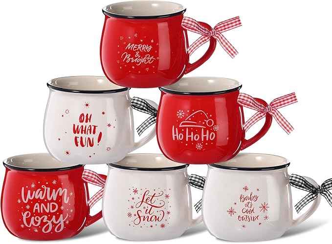 Sawysine Christmas Coffee Mugs Set of 6, 12 oz Ceramic Mug Gift Holiday Hot Cocoa for Family Mom Woman Friend Farmhouse (Candy Canes Style)