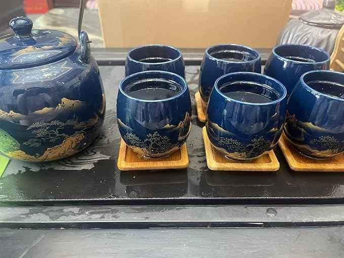 Gift Set Japanese Tea Set, Asian Black Glazed Ceramic Tea Set - Contains 1 Teapot, 1 Tea Strainer and 6 Teacups. Ideal for Home, Outdoor, Office (Blue1)