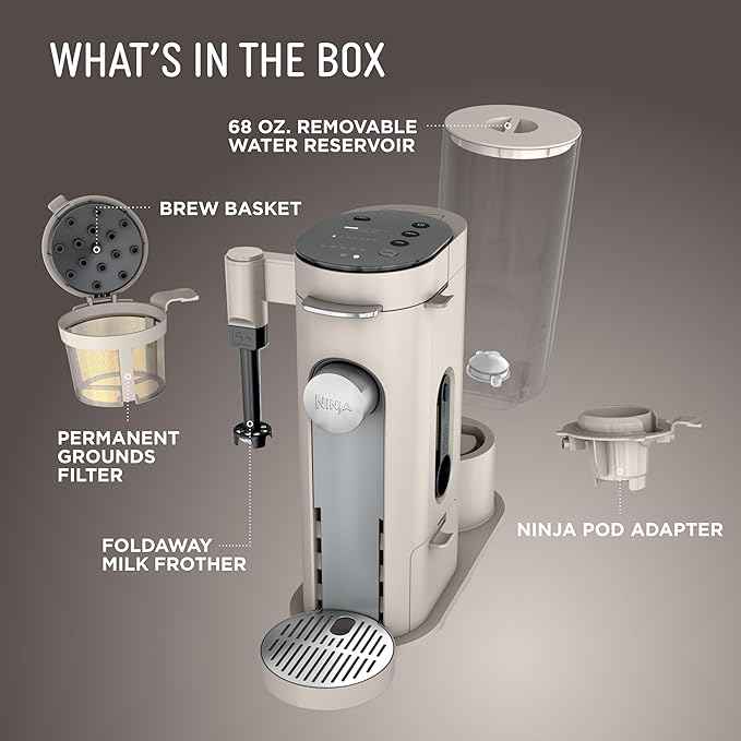 Ninja Pod & Grounds | Coffee Maker | XL Single-Serve | K-Cup Pod Compatible | Brews Grounds | Compact Design | Built-In Milk Frother | 68-oz. Reservoir, 6-oz. Cup to 24-oz. Mug Sizes | Stone |PB055AST