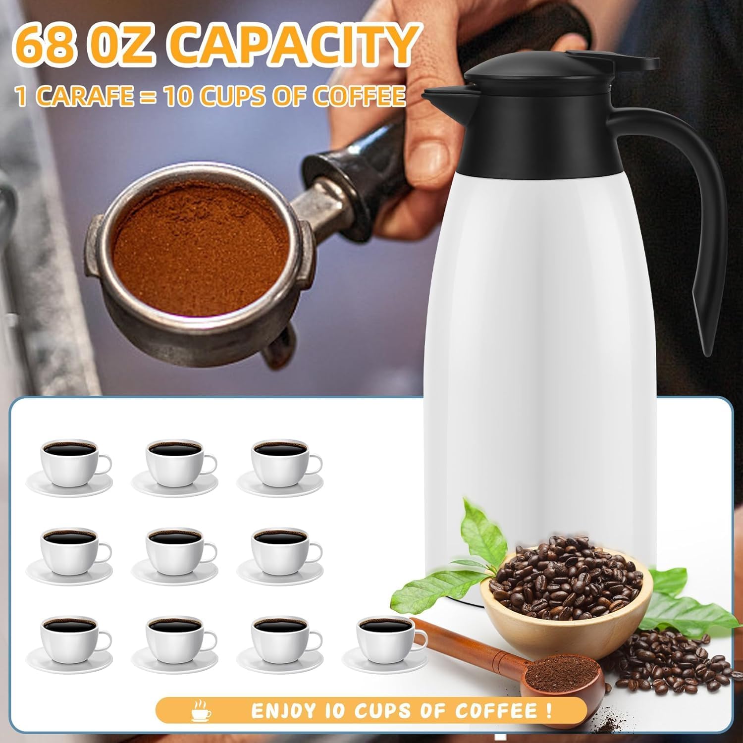 68oz Thermal Coffee Carafe, 2 Pack Airpot Insulated Coffee Urns Stainless Steel Vacuum Thermal Pot Dispenser for Coffee, Hot Water, Tea, Hot Beverage - Keep 12 Hours Hot, 24 Hours Cold (White)