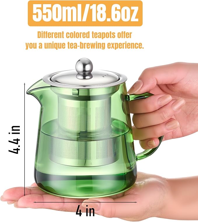 PARACITY Glass Teapot Stovetop 550ml/18.6oz, Borosilicate Clear Tea Kettle with Removable 18/8 Stainless Steel Infuser, Teapot Blooming and Loose Leaf Tea Maker Tea Brewer for Camping