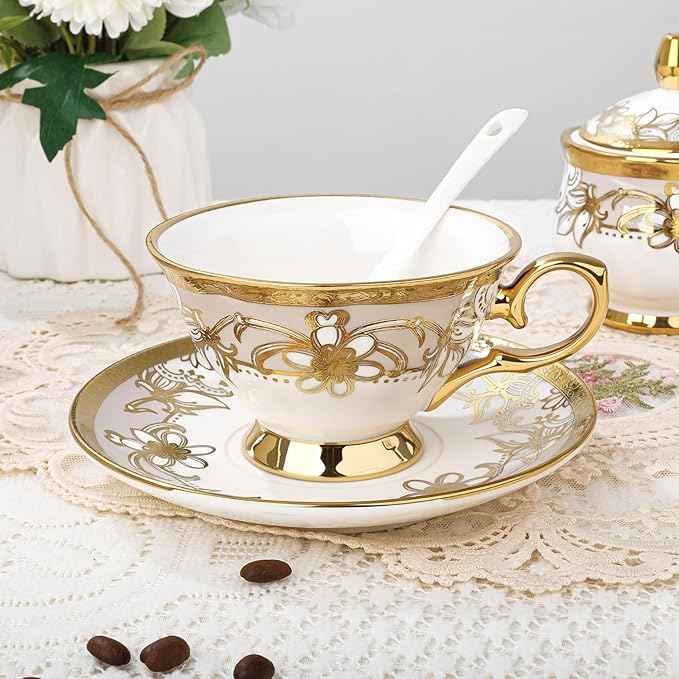 fanquare 21 Pieces Porcelain Tea Set with Sugar Bowl Creamer, Cup and Saucers for 6, Royal Floral Tea Service with Gold Trim for Party Wedding Birthday Gifting