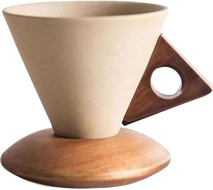 Vintage Terracotta Coffee Mug Set–Handcrafted 8.45oz Ceramic Cup With Acacia Wood Handle & Saucer, Matte Cream Yellow Medieval-Style Espresso Cup For Home/Office/Gifting