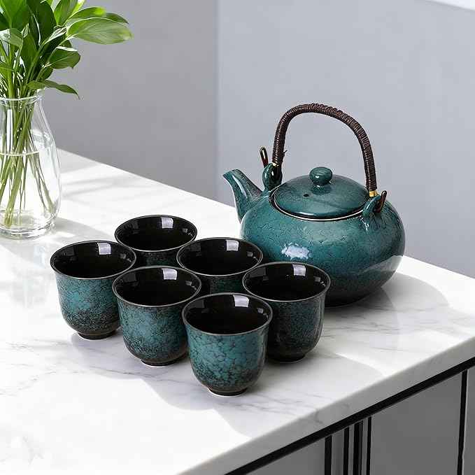 KEYDUACU Japanese Tea Set, Ceramic Tea Set, Plum Blossom Embossed, Teapot, 6 Teacups, Tea Tray, Strainer, Home, Outdoor, Gift, Chinese Kung Fu Tea Set (Pine Green)