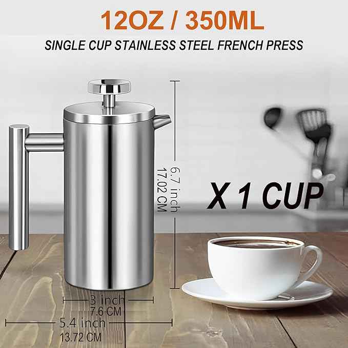 Small French Press Coffee Maker 1 Cup - 12oz/350ml Single Cup Metal French Press(1 Cup), Stainless Steel Double Wall Insulated Coffee & Tea Maker w/ 3 Extra Screens + 1 Spoon (Silver), Dishwasher Safe