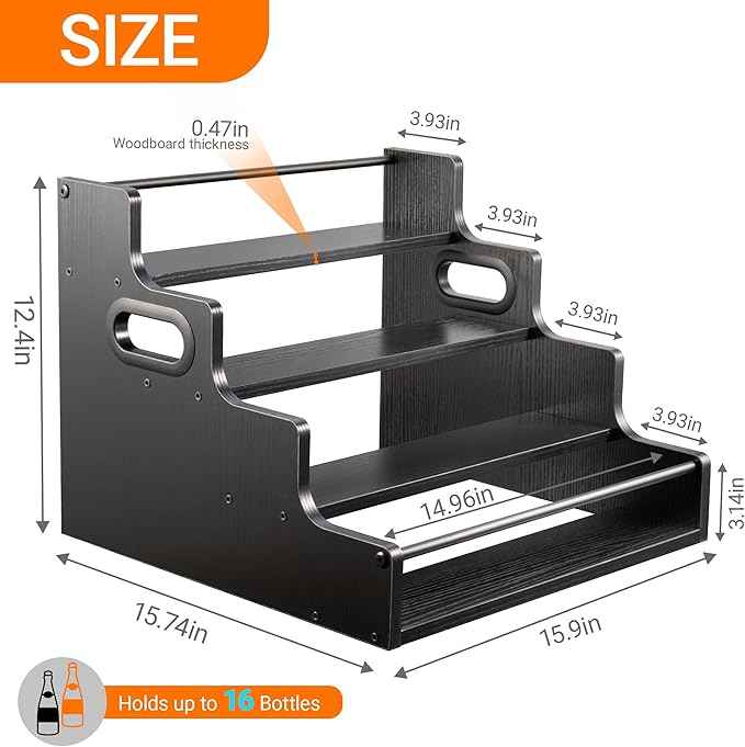 4-Tier Liquor Bottle Display Shelf, Coffee Syrup Rack Organizer, Water Bottle Organizer, Mini Bar Cabinet, Rustic Bar Shelves for Liquor Whiskey, Spirits（Black）