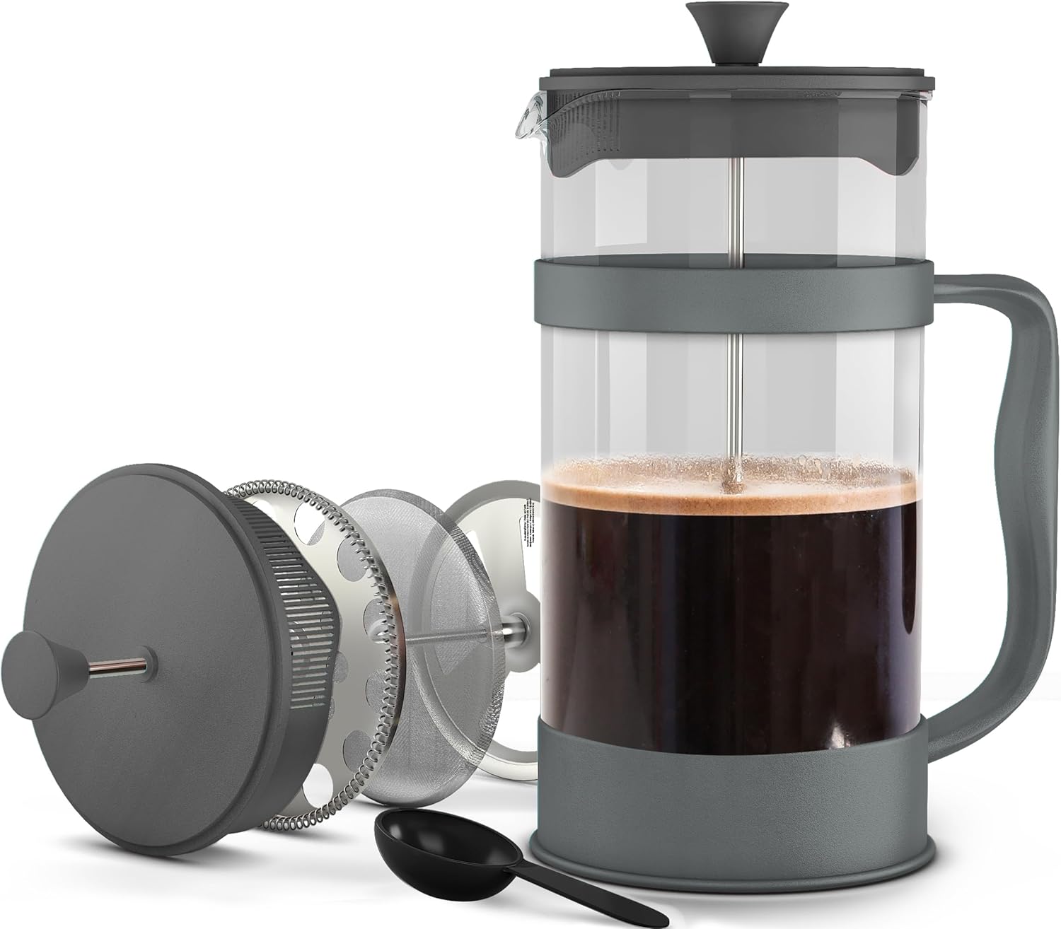 Utopia Kitchen French Press Espresso and Tea Maker with Triple Filters, Stainless Steel Plunger and Heat Resistant Borosilicate Glass (Grey, 34-oz (Pack of 1)) - Blissbrew