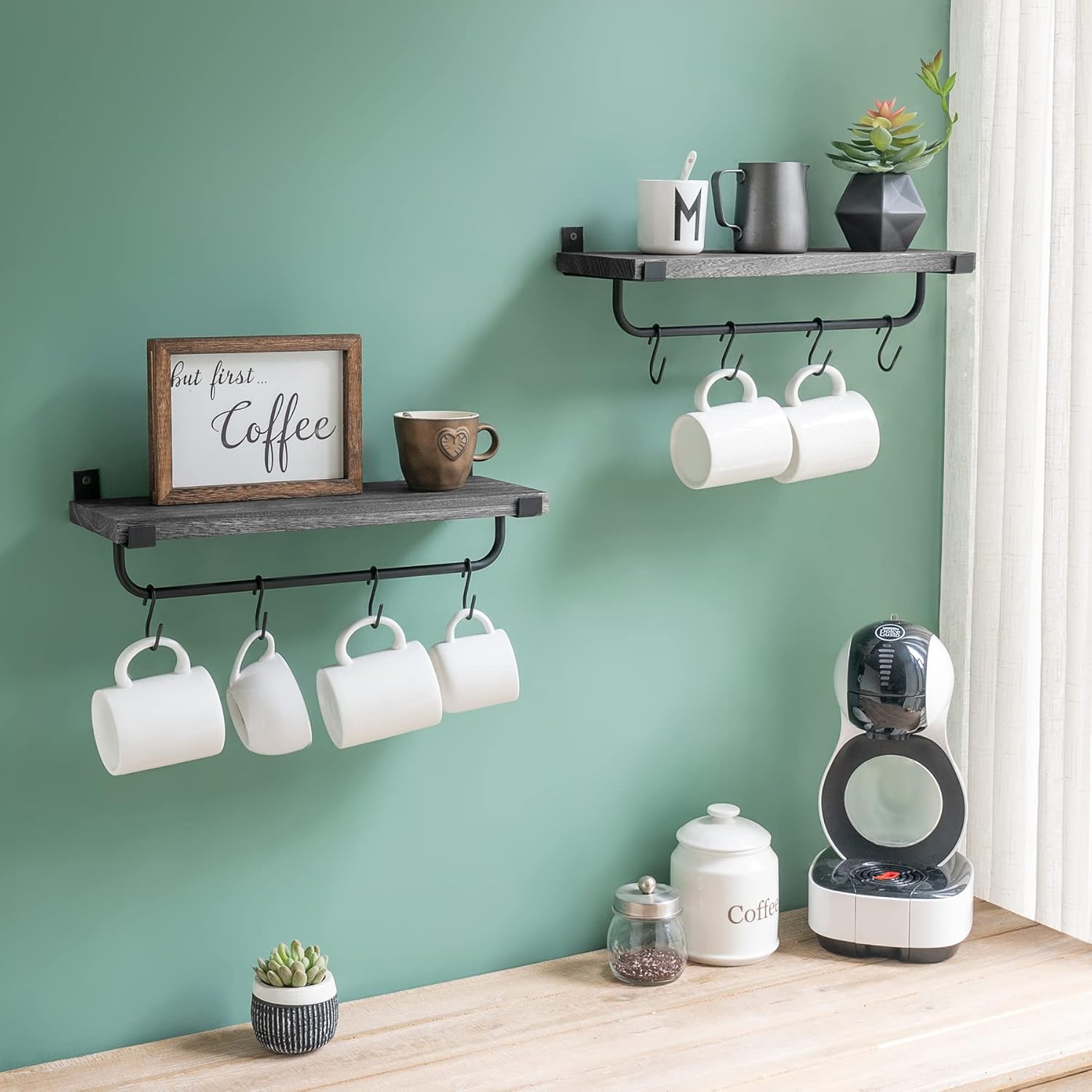 Mkono Mug Holder Wall Mounted Coffee Mug Rack Set of 2 Rustic Floating Shelf for Coffee Bar Accessories Wood Tea Cup Hooks Hanger for Organizing Cooking Utensils, Home Kitchen Decor, Grey