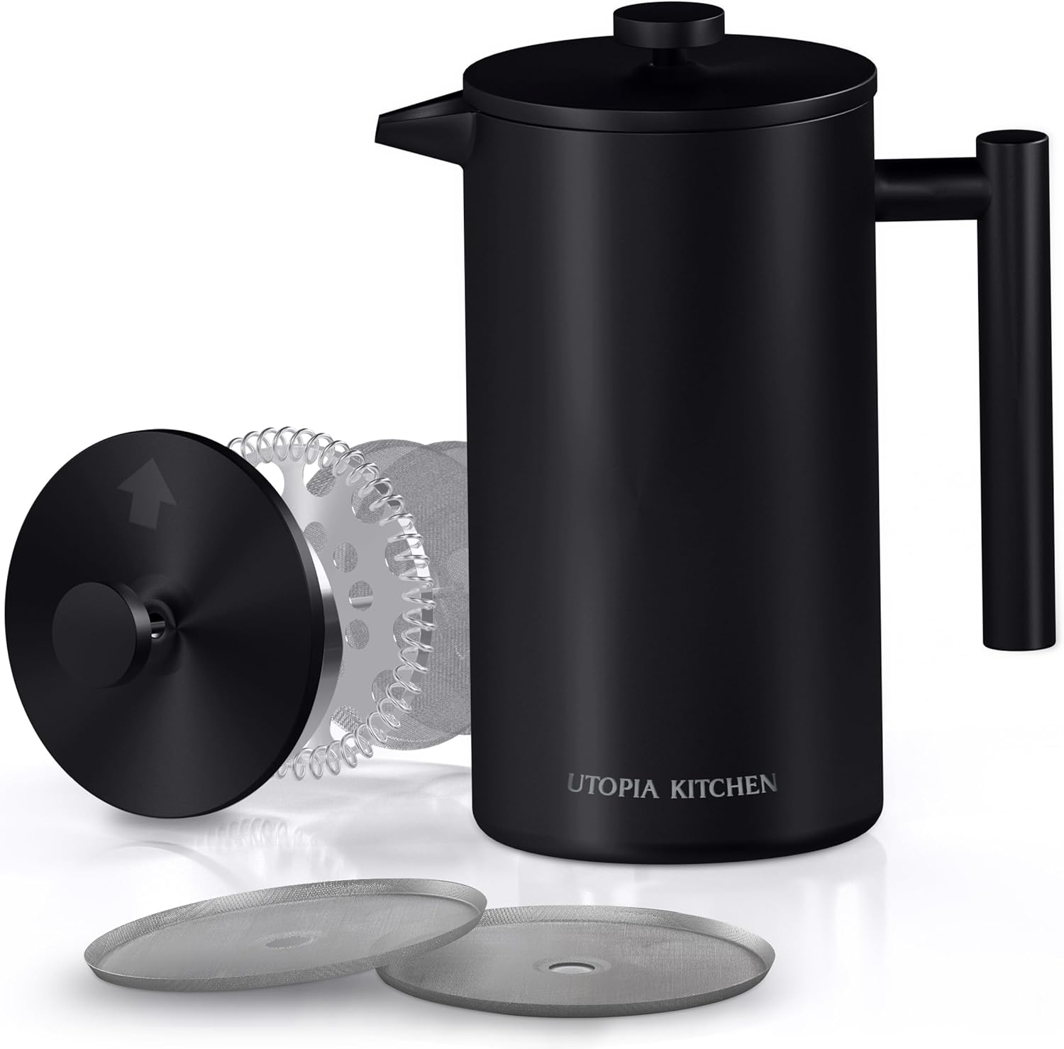 Utopia Kitchen Stainless Steel French Press Coffee Maker 34 Oz (1 Litre) with 2 Extra Filters, French Press Coffee & Tea Maker for Kitchen & Camping, Cold Brew Cafetiere, Black - Blissbrew