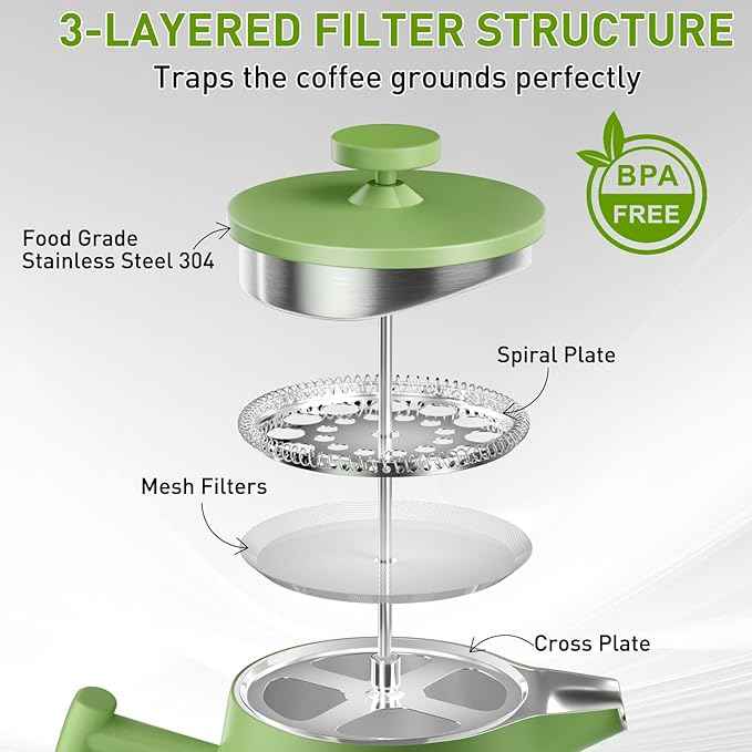 Secura 50oz French Press Coffee Maker – 304 Stainless Steel, Insulated Coffee Press with Extra Filter, Green