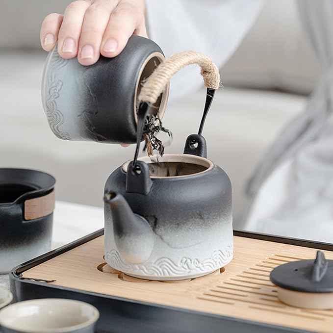 LURRIER Gongfu tea sets, Portable Ceramic TeaSet, Asian Tea sets for adult, Tea Gift sets, Grey leather case, Portable Travel Bag,Home,Gifting,Outdoor and Office(Black and White)