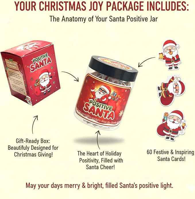 Positive Santa Claus Christmas Jar with 60 Daily Affirmation Cards, Emotional Support Christmas Gift, Funny Decorations for Home or Desk, Holiday Ornaments and Gifts for Women Men Teens and Teachers