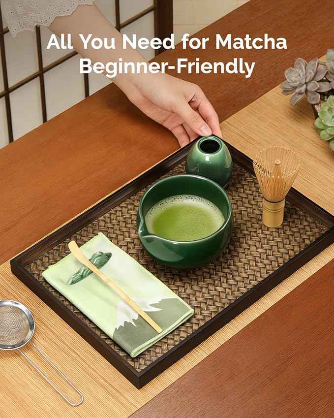 Maestri House Matcha Whisk Set, 7-Pc Complete Matcha Kit with Spouted Ceramic Bowl, Bamboo Whisk and Holder, Scoop, Spoon Rest & Sifter, Tea Cloth – Ideal Gift for Matcha Lovers (Emerald Kanso)