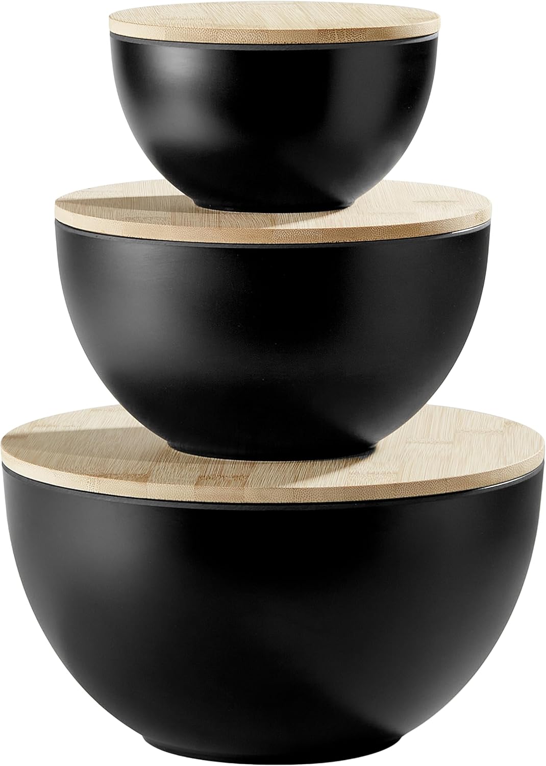 JOYMAY Salad Bowls, Mixing Bowl Salad Bowl Set, Natural Bamboo Fiber Serving Bowl Set of 3 with Bamboo Wood Lid, Nesting Bowls for Salads,Pastas(Black,10