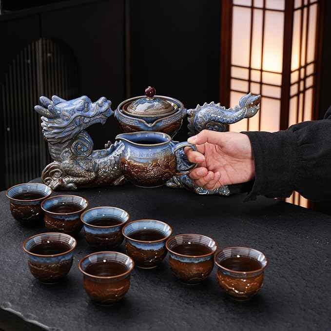 Chinese Gongfu Tea Set - Ceramic 360 Rotating teapot with Infuser, 8Cups, Semi Automatic Dragon Design for Loose Leaf Tea (Gift Box Set)
