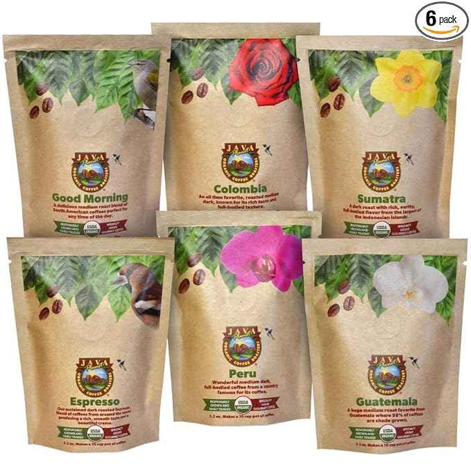 Java Planet, Coffee Gift Basket Sampler Set, for Coffee Lovers: Low Acid Organic Beans: Whole Bean, Mold-Free & Stomach Friendly - Arabica Gourmet, 1.32 LBs (19.2 oz) packaged in 6 Bags Each 3.2 oz
