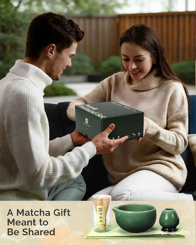 Maestri House Matcha Whisk Set, 7-Pc Complete Matcha Kit with Spouted Ceramic Bowl, Bamboo Whisk and Holder, Scoop, Spoon Rest & Sifter, Tea Cloth – Ideal Gift for Matcha Lovers (Emerald Kanso)