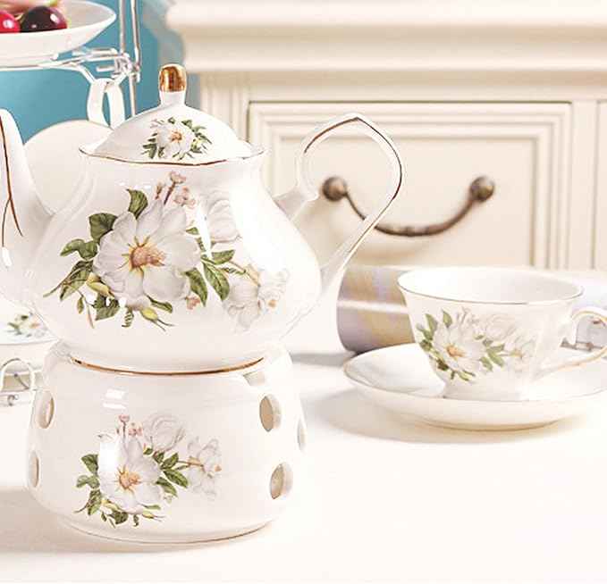 Ceramic Coffee Tea Gift Sets, European Luxury Tea Set, Suitable as A Gift for Mother'S Day, Birthday, Christmas, and Gatherings (White Peony)