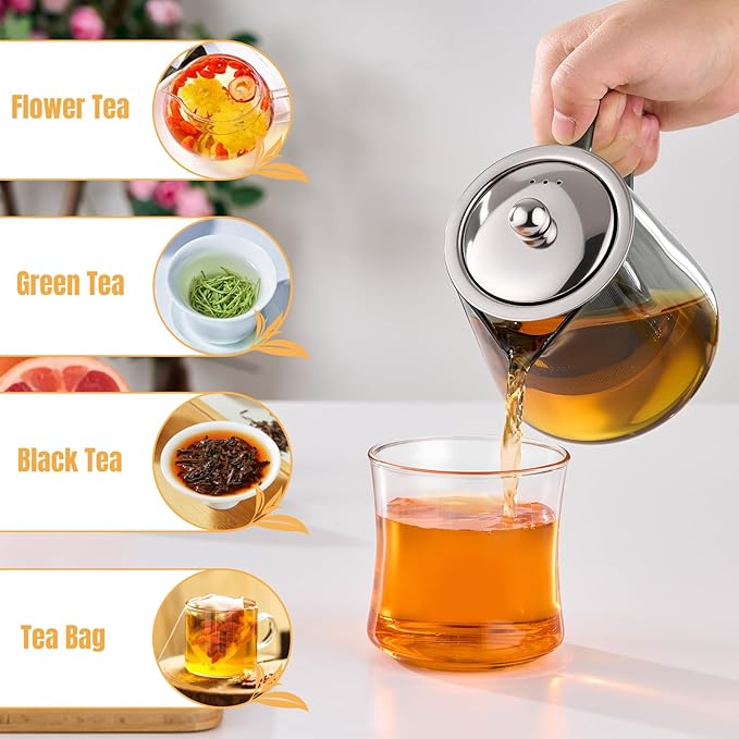 PARACITY Glass Teapot Stovetop 55ml/18.6oz, Borosilicate Clear Tea Kettle with Removable 18/8 Stainless Steel Infuser, Teapot Blooming and Loose Leaf Tea Maker Tea Brewer for Camping