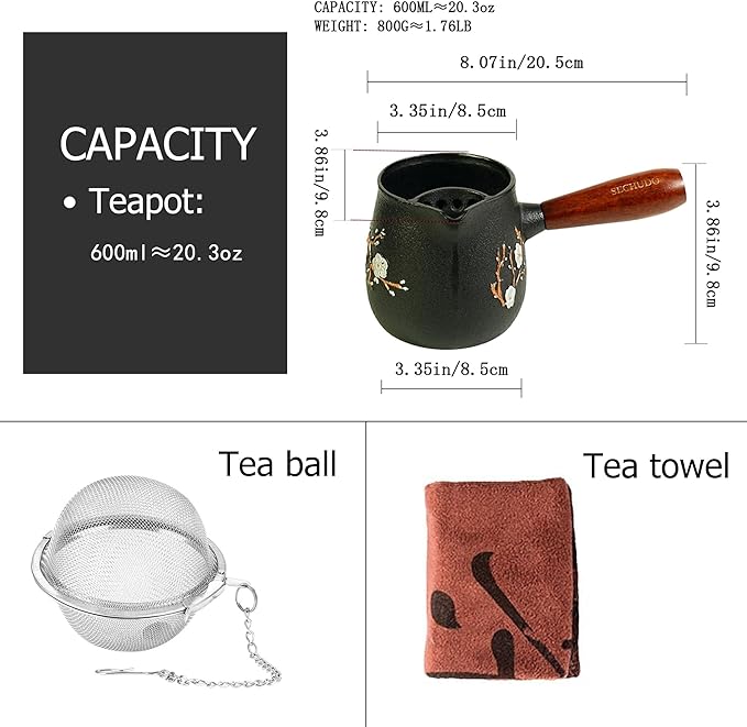 Small Cast Iron Teapot, Japanese Style Tea Kettle without Lid, 20.3 fl oz Tea Pot with Stainless Steel Tea Ball for Loose Tea, Wooden Side-handle Tea Set for Stovetop Safe(600ml)