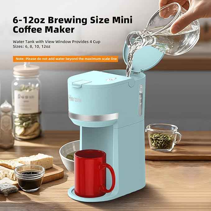 Mini Single Serve Coffee Maker for K Cup and Ground Coffee, Fast Brew One Cup Coffee Machine with Descaling Reminder and Water Window, 6 to 12 oz. Brew Sizes, Light Blue