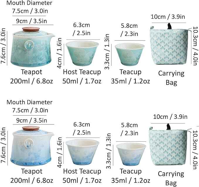 Hermit Life Chinese Travel Tea Set, Portable Ceramic Teapot for One to Two, Gongfu Tea Set with Crystal Glaze, 1 Pot 2 Cups, Gift for Tea Lovers (Mint Green)