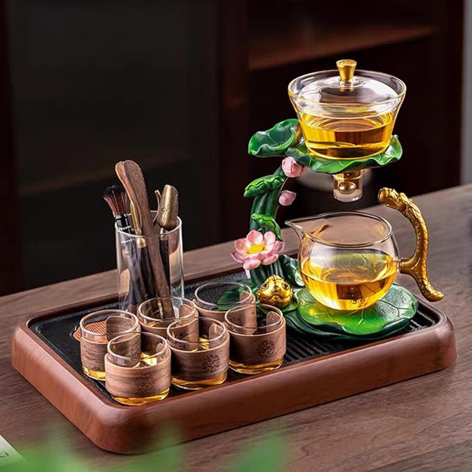 Glass Teapot with Infuser Chinese Gongfu Tea Set,6 cups,Magnetic Semi Automatic Design for Loose Leaf Tea