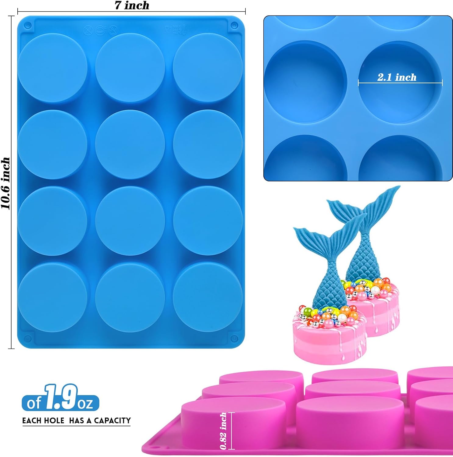 Sakolla 3 Pcs Round Chocolate Cookie Molds, 12-Cavity Cylinder Silicone Molds, Perfect for Chocolate Covered Cookie, Cake, Candy, Pudding, Mini Soap (2 Rose Red & 1 Blue)