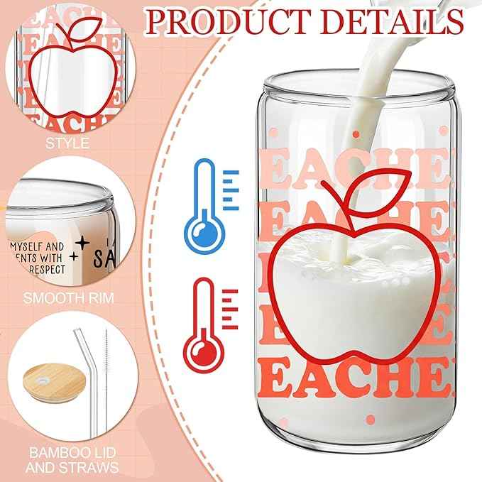 12 Sets Teacher Appreciation Gifts 2026 Bulk 16 oz Teacher Glass Cups with Lids and Straws Can Shaped Iced Coffee Mugs Thank You Gifts for Kindergarten Preschool Educator Graduation Retirement