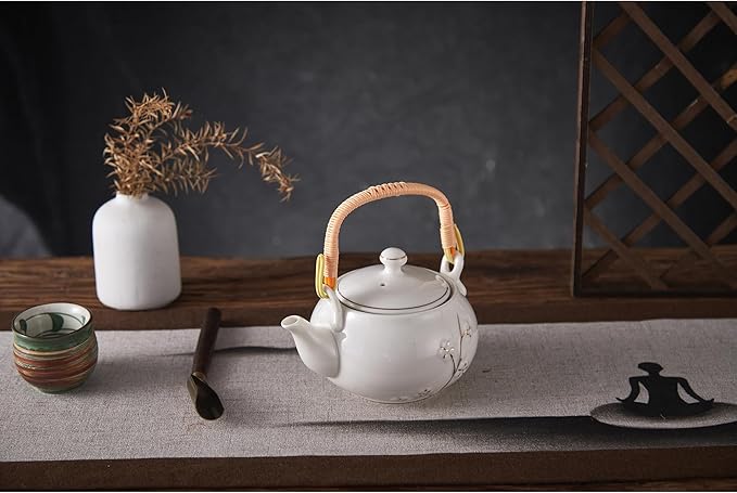DUJUST Japanese Tea Pot, White Porcelain Chinese Teapot with Stainless Infuser, Cute Tea Pot for Adults, Tea Lover/Women/Men (Plum in Golden)