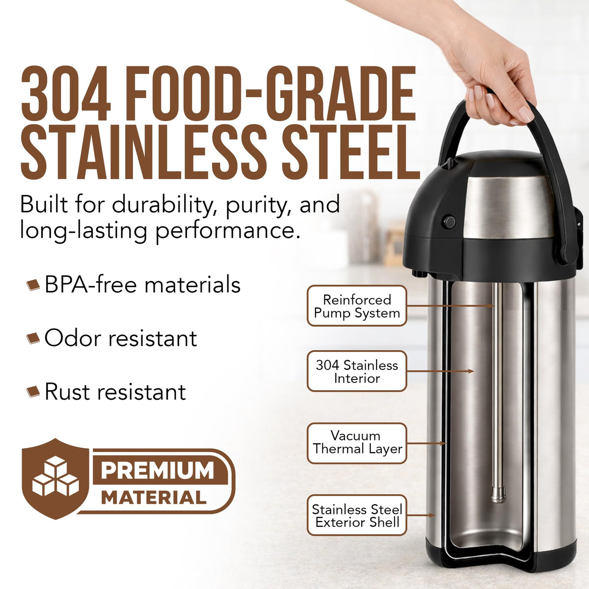 3L stainless steel thermal carafe, front view