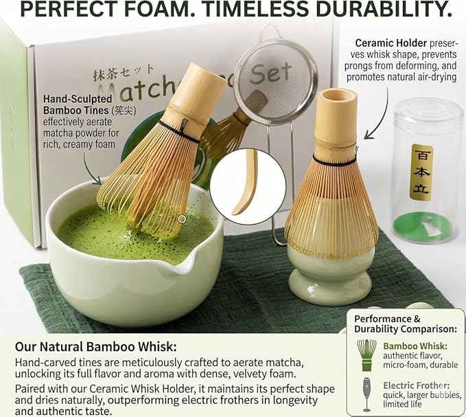 Matcha Whisk Set, 10 Pcs Matcha Set with Ceramic Bowl with Spout, Bamboo Whisk and Holder, Scoop, Sifter, Complete Matcha Kit for Traditional Japanese Tea Ceremony, Gift for Tea Lovers (Green)