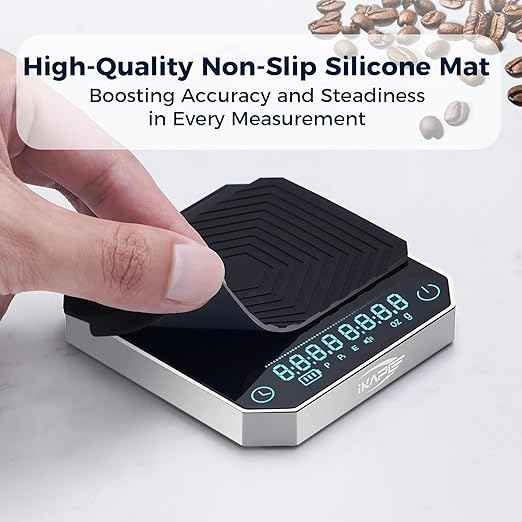 IKAPE Digital Coffee Scale with Timer, 0.1g High Precision Espresso Scale, 2kg Capacity, Waterproof Rechargeable Aluminum Alloy Coffee Scale with Auto Tare & Silicone Pad, Silver