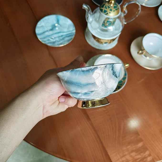 China Bone Porcelain Coffee Tea Set, English Light Luxury Afternoon Tea Set with Tea Stove Suitable as A Gift for Mother'S Day, Birthday, Christmas, and Gatherings (4-Sea Mist Cup)