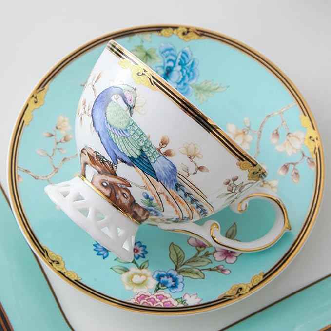 ACMLIFE Bone China Tea Cup and Saucer Set - Bone China Tea Coffee Cup and Saucer Set for 1 Luxury Fine China Tea Cup Set for One Blue Vintage Teacups and Saucers for Women Tea Party or Gift Giving