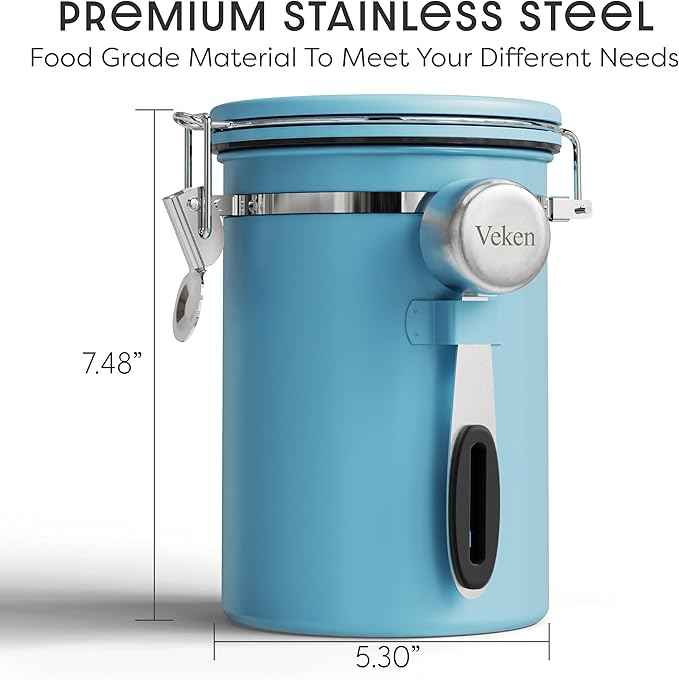 Veken Coffee Canister with Window, Easter Gifts Airtight Stainless Steel Container with Lids, Home Kitchen Food Storage Jars for Grounds, Beans, Tea, Flour, Cereal, Sugar, Basket, Scoop, 22OZ, Blue